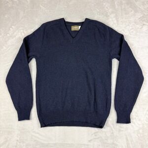 Vintage Campus Sweater Men M Tall Navy Blue Wool Blend V-Neck Preppy USA 70s EUC